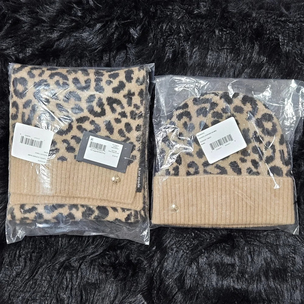 Kate Spade Classic Leopard Print Beanie Hat & Scarf Set Black/Light Tobacco Fall